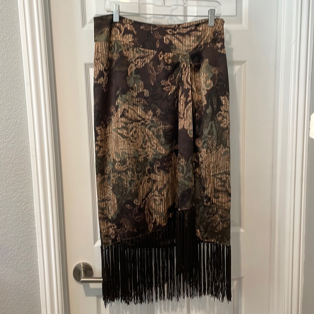 100% silk pencil skirt with silk fringe hemline